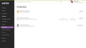 Educator account in Xello. The Credentials landing page is open. There is an option to manage credentials, manage student credentials and run a credentials report